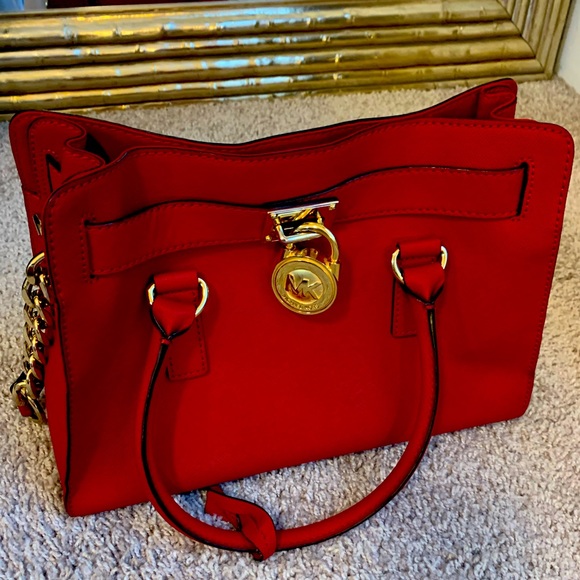 Scarlet Red Michael Kors Leather Satchel - Picture 1 of 2